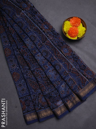 Blue Maheshwari Silk Cotton Saree - Ajrakh Prints