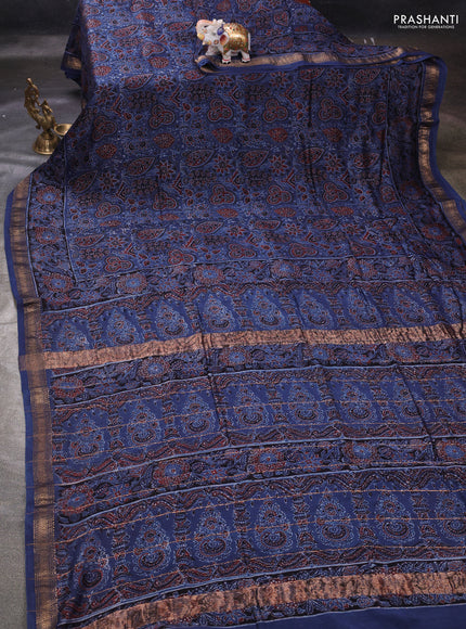 Blue Maheshwari Silk Cotton Saree - Ajrakh Prints