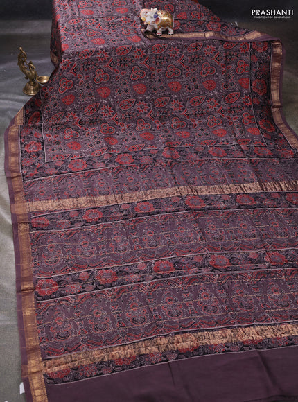 Rosy Brown Maheshwari Silk Cotton Saree - Ajrakh Prints