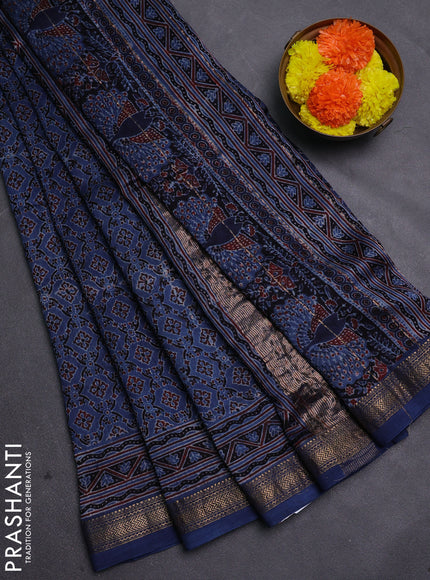 Blue Maheshwari Silk Cotton Saree - Ajrakh Prints