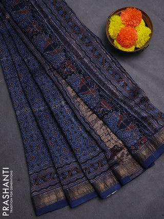 Blue Maheshwari Silk Cotton Saree - Ajrakh Prints