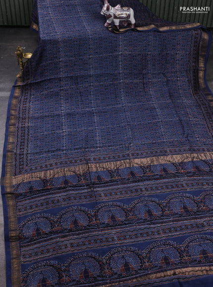 Blue Maheshwari Silk Cotton Saree - Ajrakh Prints