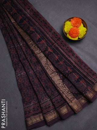 Rosy Brown Maheshwari Silk Cotton Saree - Ajrakh Prints