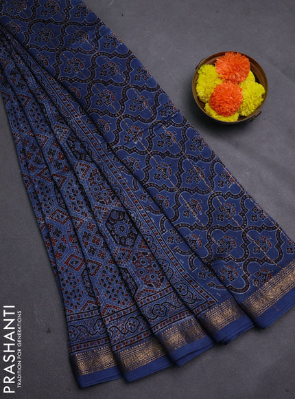 Blue Maheshwari Silk Cotton Saree - Ajrakh Prints