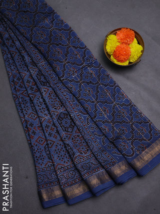 Blue Maheshwari Silk Cotton Saree - Ajrakh Prints