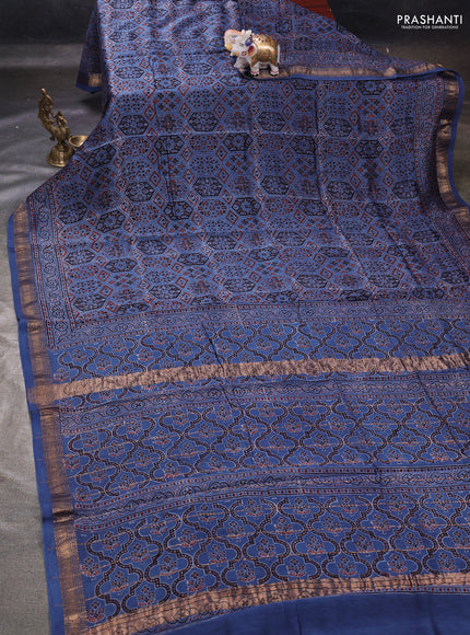 Blue Maheshwari Silk Cotton Saree - Ajrakh Prints