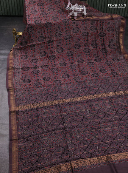 Rosy Brown Maheshwari Silk Cotton Saree - Ajrakh Prints