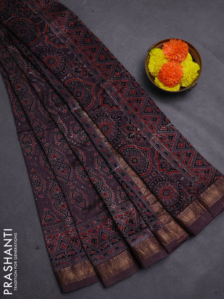 Rosy Brown Maheshwari Silk Cotton Saree - Ajrakh Prints