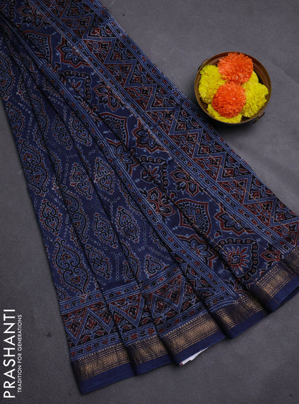 Blue Maheshwari Silk Cotton Saree - Ajrakh Prints