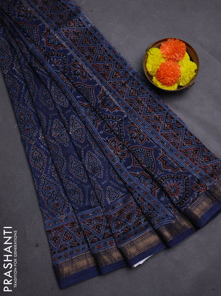 Blue Maheshwari Silk Cotton Saree - Ajrakh Prints
