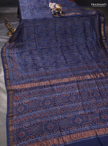 Blue Maheshwari Silk Cotton Saree - Ajrakh Prints