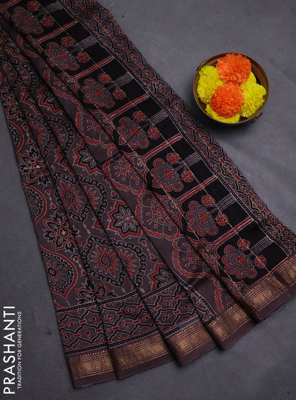 Rosy Brown Maheshwari Silk Cotton Saree - Ajrakh Prints