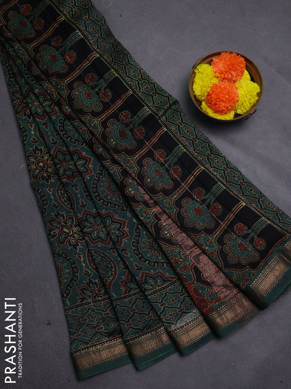 Green Maheshwari Silk Cotton Saree - Ajrakh Prints