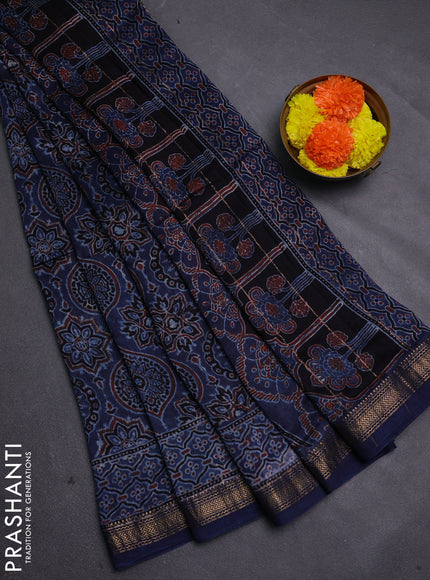 Blue Maheshwari Silk Cotton Saree - Ajrakh Prints
