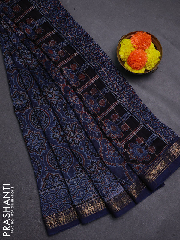 Blue Maheshwari Silk Cotton Saree - Ajrakh Prints