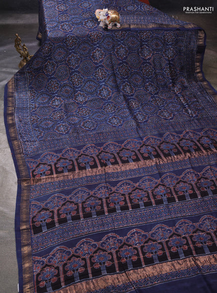 Blue Maheshwari Silk Cotton Saree - Ajrakh Prints