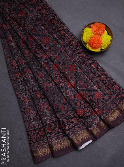 Rosy Brown Maheshwari Silk Cotton Saree - Ajrakh Prints