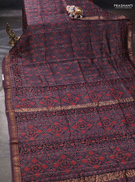 Rosy Brown Maheshwari Silk Cotton Saree - Ajrakh Prints