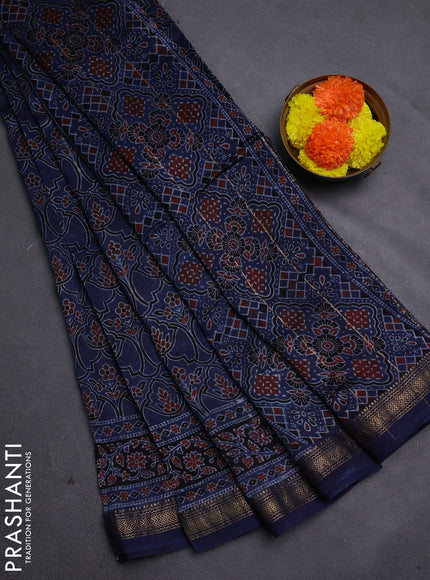 Blue Maheshwari Silk Cotton Saree - Ajrakh Prints