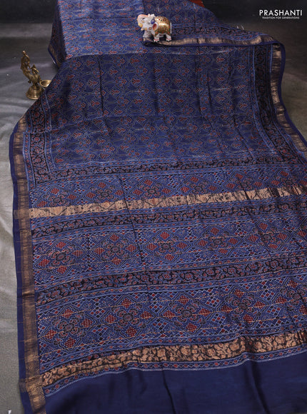 Blue Maheshwari Silk Cotton Saree - Ajrakh Prints