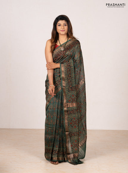 Green Maheshwari Silk Cotton Saree - Ajrakh Prints