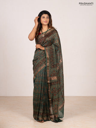 Green Maheshwari Silk Cotton Saree - Ajrakh Prints