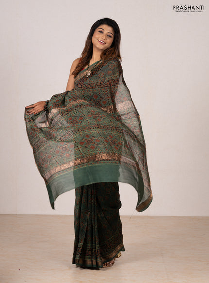 Green Maheshwari Silk Cotton Saree - Ajrakh Prints