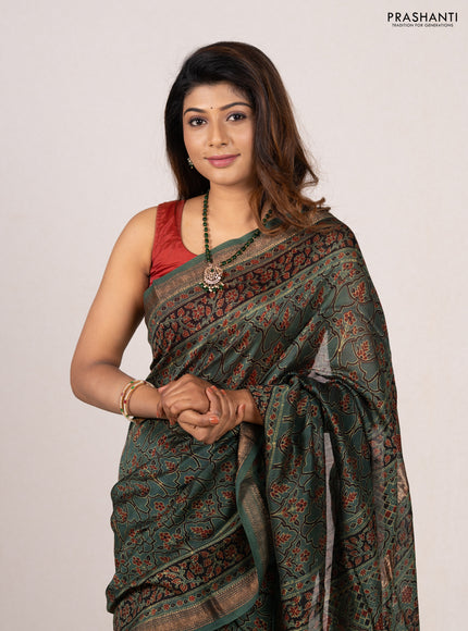 Green Maheshwari Silk Cotton Saree - Ajrakh Prints