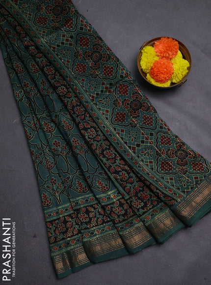 Green Maheshwari Silk Cotton Saree - Ajrakh Prints
