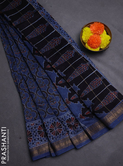Indigo Blue Maheshwari Silk Cotton Saree - Ajrakh Prints