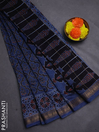 Indigo Blue Maheshwari Silk Cotton Saree - Ajrakh Prints