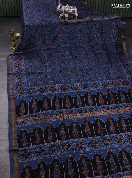 Indigo Blue Maheshwari Silk Cotton Saree - Ajrakh Prints