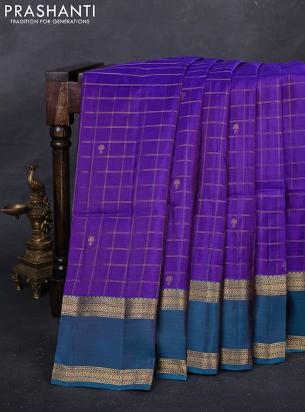 Violet & Teal Green Kanchipuram Soft Silk - Checks