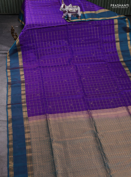 Violet & Teal Green Kanchipuram Soft Silk - Checks