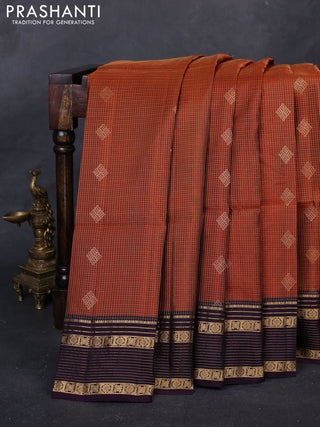 Rust & Wine Kanchipuram Soft Silk - Checks
