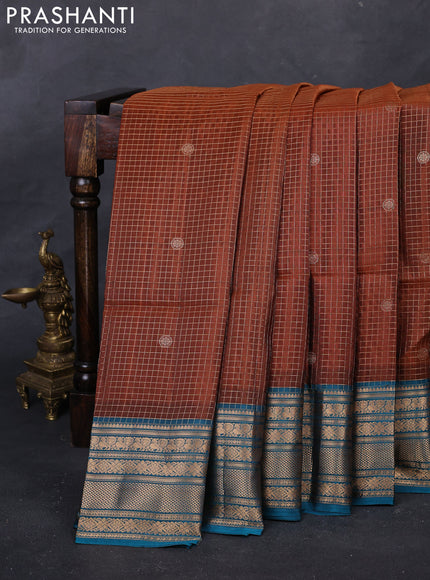 Rust & Teal Green Kanchipuram Soft Silk - Checks