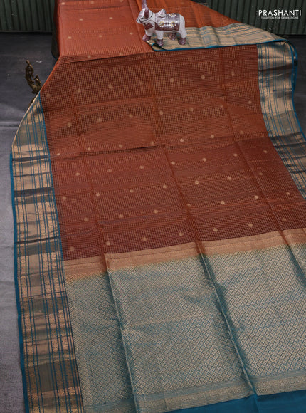 Rust & Teal Green Kanchipuram Soft Silk - Checks