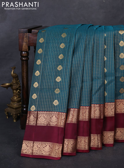 Peacock Green & Maroon Kanchipuram Soft Silk - Checks