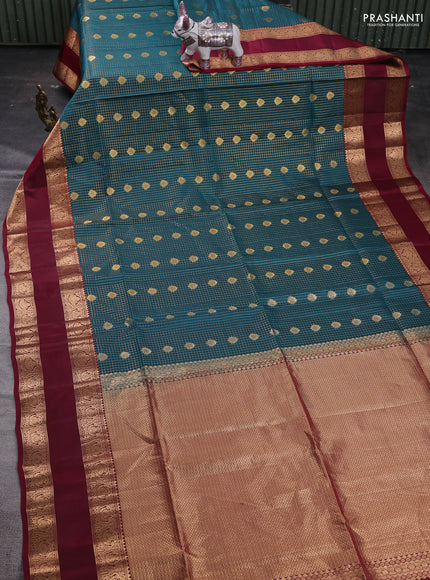 Peacock Green & Maroon Kanchipuram Soft Silk - Checks