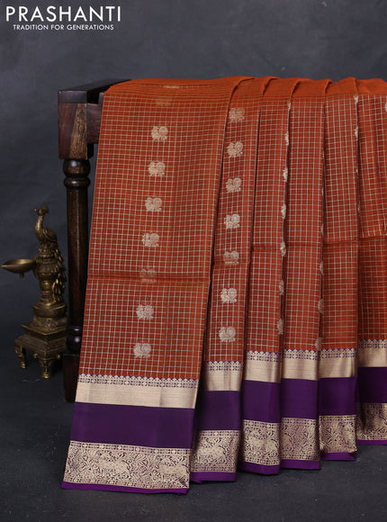 Rust & Purple Kanchipuram Soft Silk - Checks