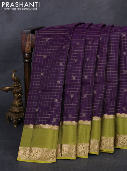 Purple & Lime Yellow Kanchipuram Soft Silk - Checks
