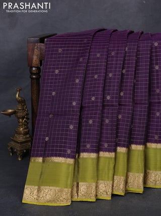 Purple & Lime Yellow Kanchipuram Soft Silk - Checks