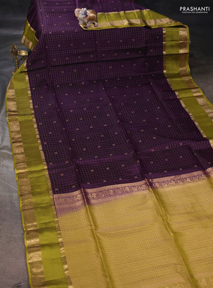Purple & Lime Yellow Kanchipuram Soft Silk - Checks