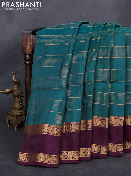 Teal Green & Wine  Kanchipuram Soft Silk - Checks