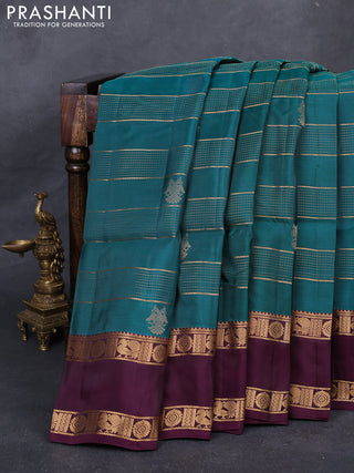 Teal Green & Wine  Kanchipuram Soft Silk - Checks