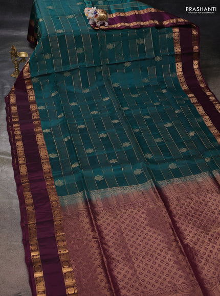 Teal Green & Wine  Kanchipuram Soft Silk - Checks