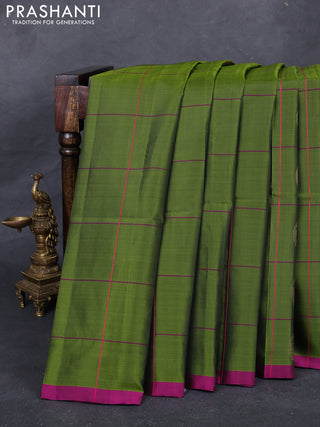 Mehendi Green & Magenta Pink Kanchipuram Soft Silk - Checks