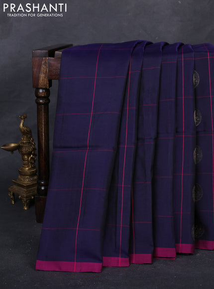 Navy Blue & Magenta Pink Kanchipuram Soft Silk - Checks