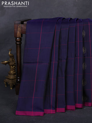 Navy Blue & Magenta Pink Kanchipuram Soft Silk - Checks