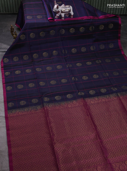 Navy Blue & Magenta Pink Kanchipuram Soft Silk - Checks